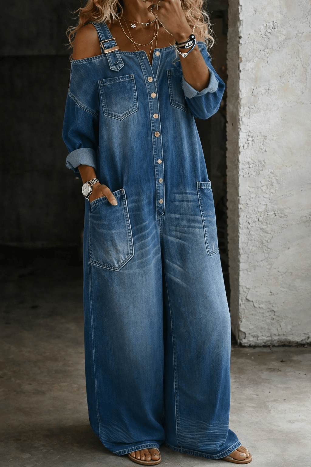 Iris | Vestido vaquero con hombros descubiertos - VENZA BARCELONA