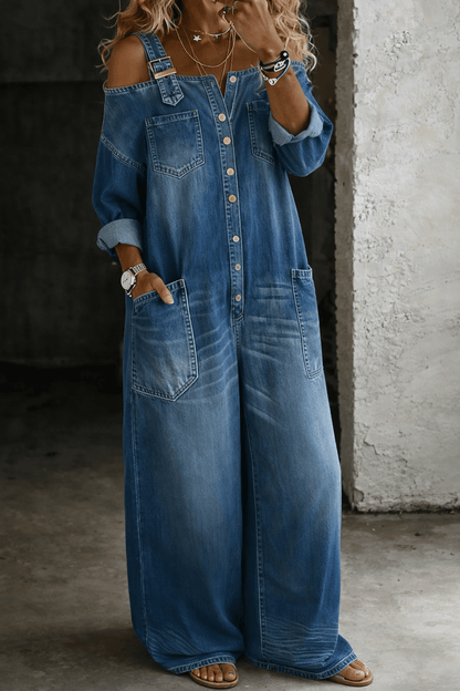 Iris | Vestido vaquero con hombros descubiertos - VENZA BARCELONA