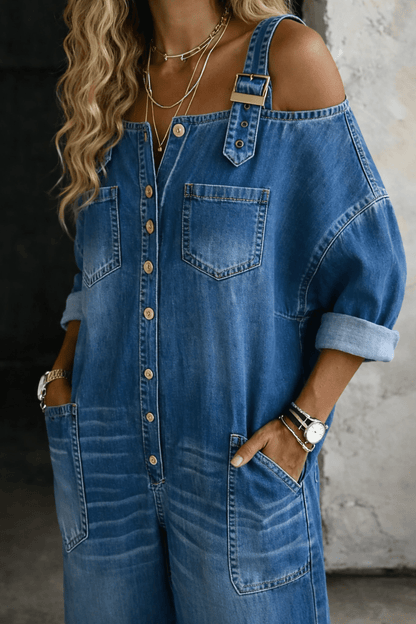 Iris | Vestido vaquero con hombros descubiertos - VENZA BARCELONA
