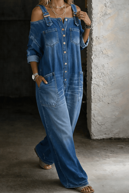 Iris | Vestido vaquero con hombros descubiertos - VENZA BARCELONA