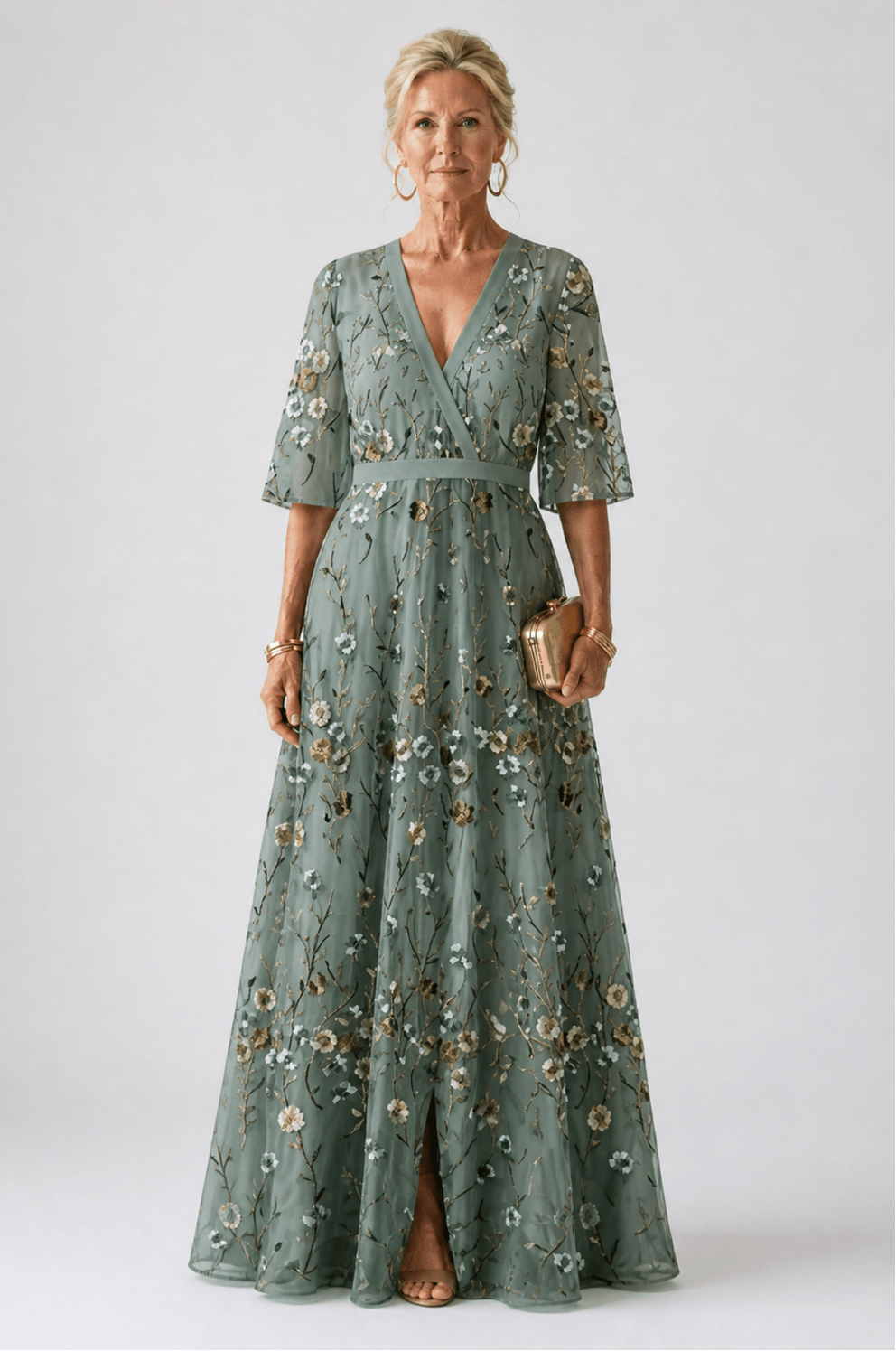 Mireia | Vestido largo floral con escote en V y manga corta - VENZA BARCELONA