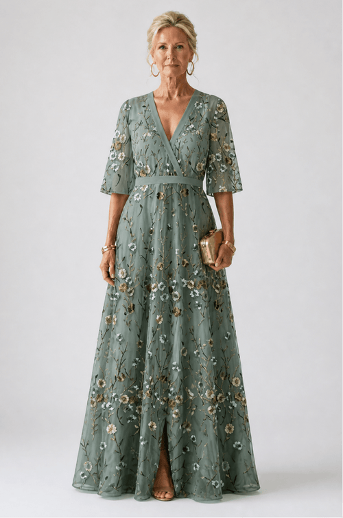 Mireia | Vestido largo floral con escote en V y manga corta - VENZA BARCELONA