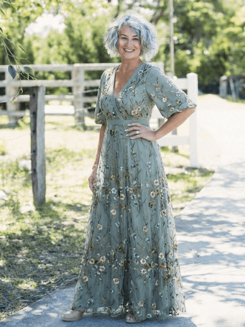 Mireia | Vestido largo floral con escote en V y manga corta - VENZA BARCELONA