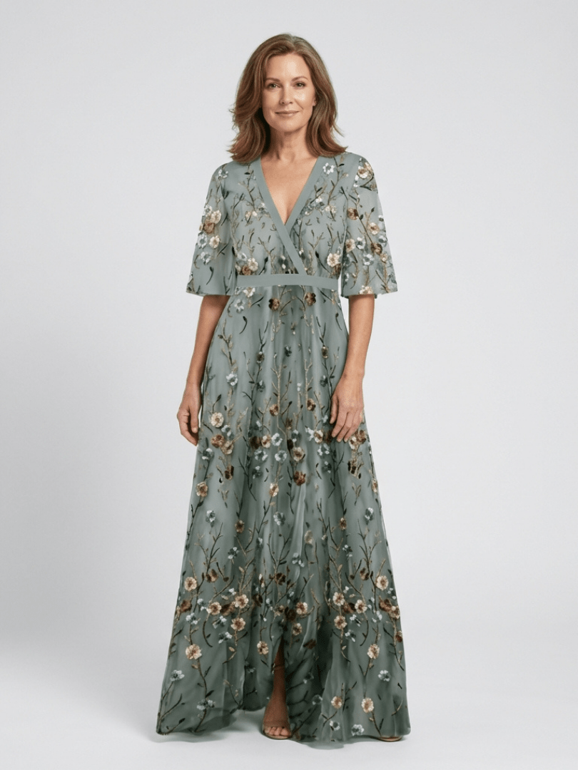Mireia | Vestido largo floral con escote en V y manga corta - VENZA BARCELONA