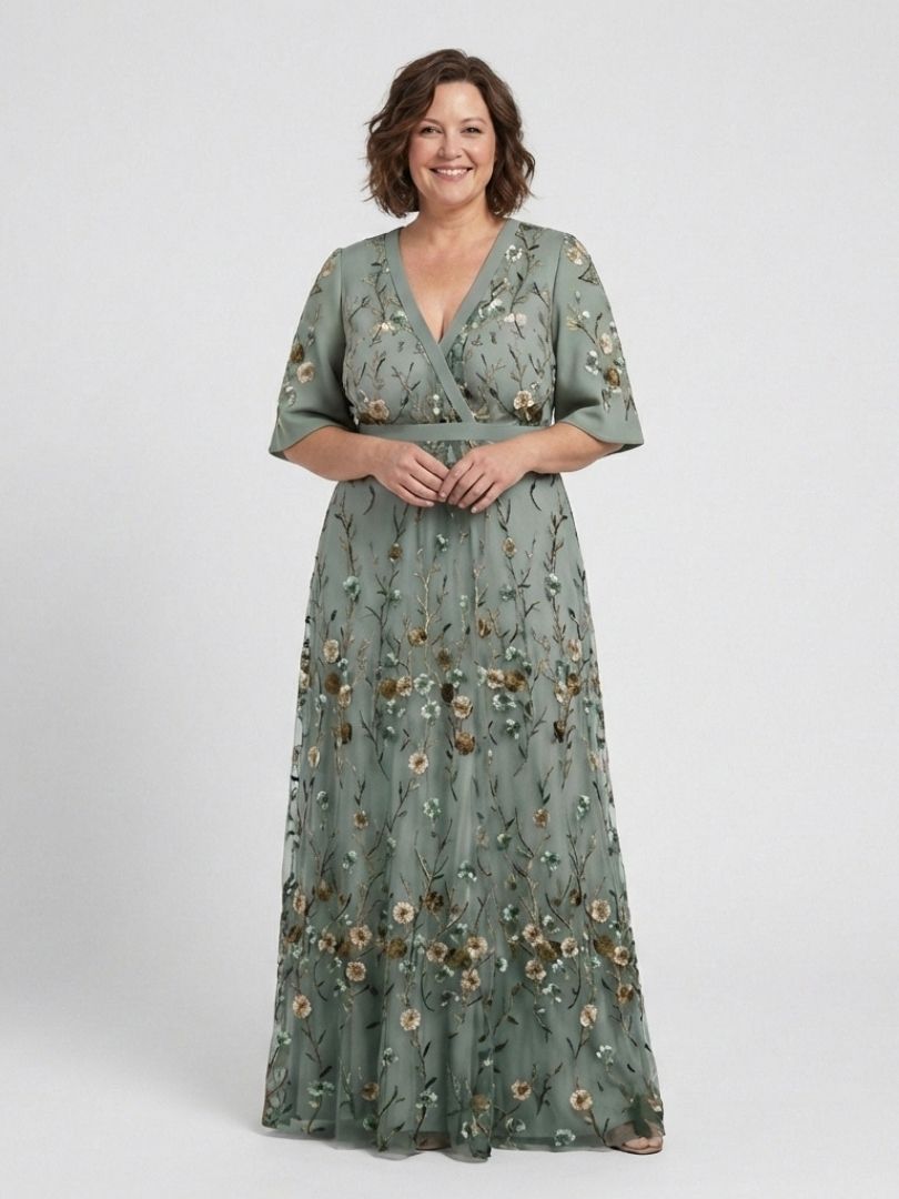 Mireia | Vestido largo floral con escote en V y manga corta - VENZA BARCELONA