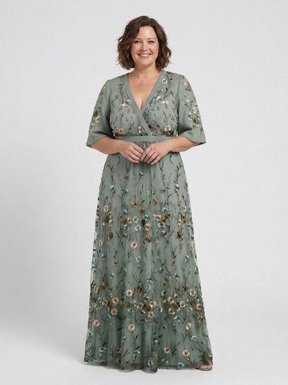 Mireia | Vestido largo floral con escote en V y manga corta - VENZA BARCELONA