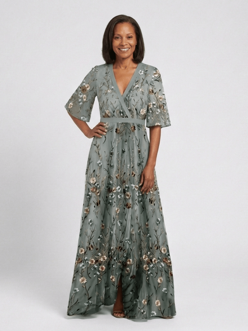 Mireia | Vestido largo floral con escote en V y manga corta - VENZA BARCELONA