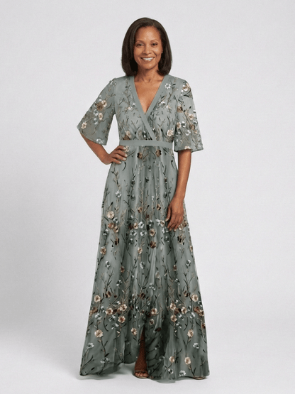 Mireia | Vestido largo floral con escote en V y manga corta - VENZA BARCELONA
