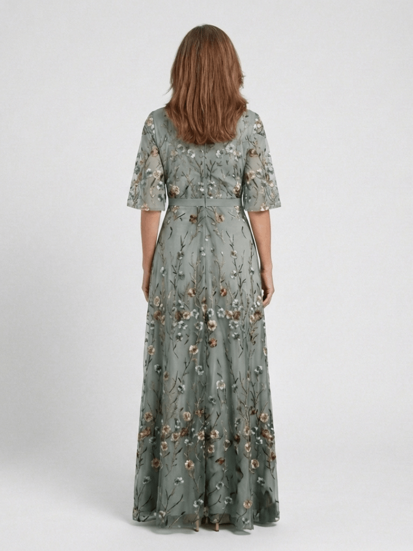 Mireia | Vestido largo floral con escote en V y manga corta - VENZA BARCELONA