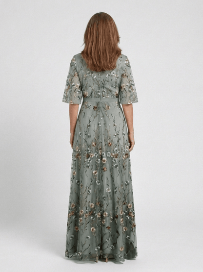 Mireia | Vestido largo floral con escote en V y manga corta - VENZA BARCELONA