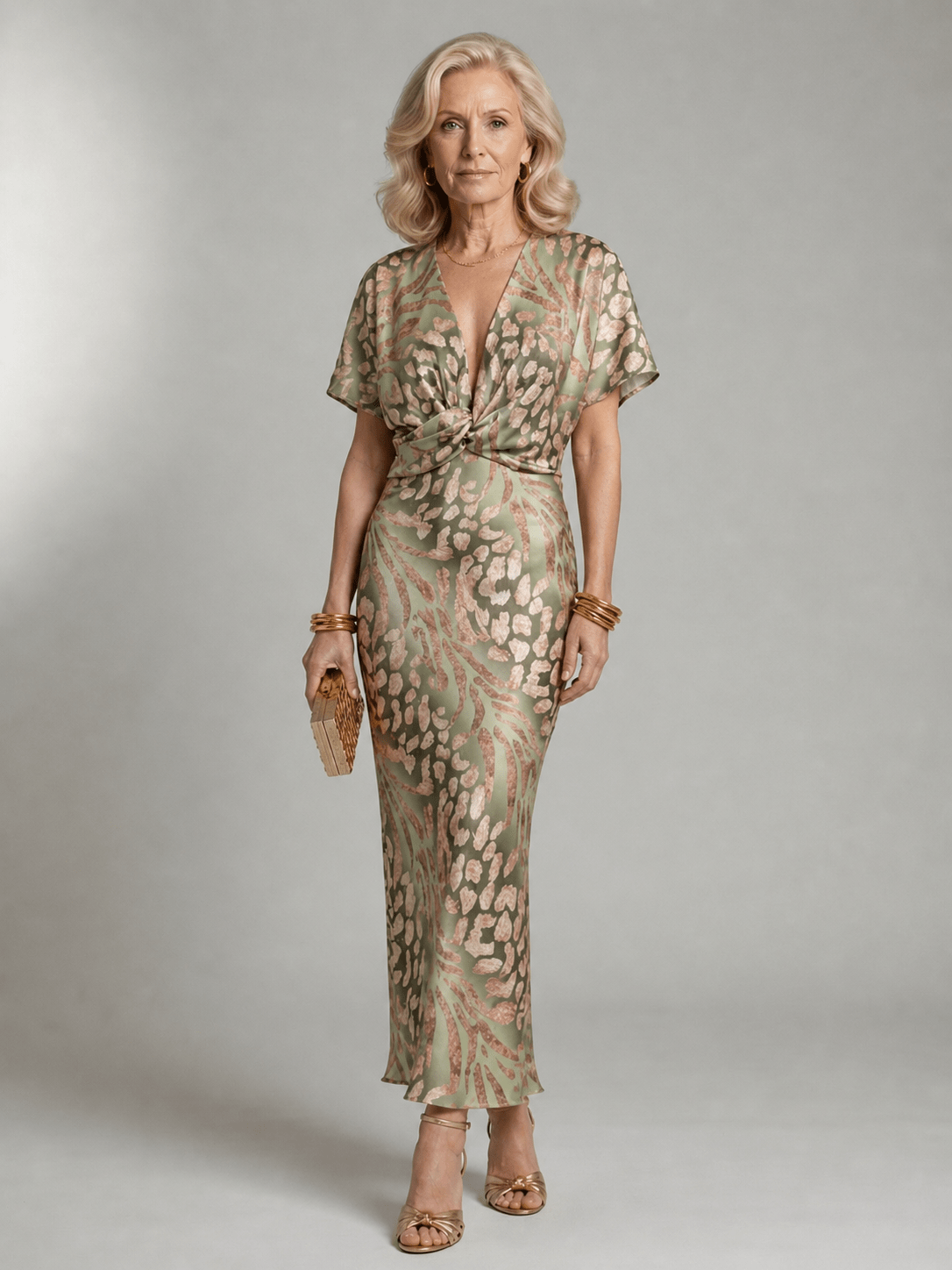 Núria | Vestido midi con estampado abstracto, escote en V y cintura cruzada - VENZA BARCELONA