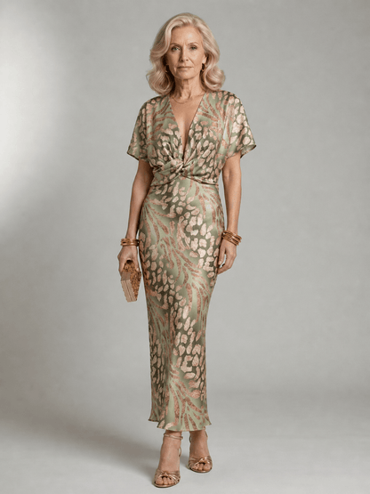 Núria | Vestido midi con estampado abstracto, escote en V y cintura cruzada - VENZA BARCELONA
