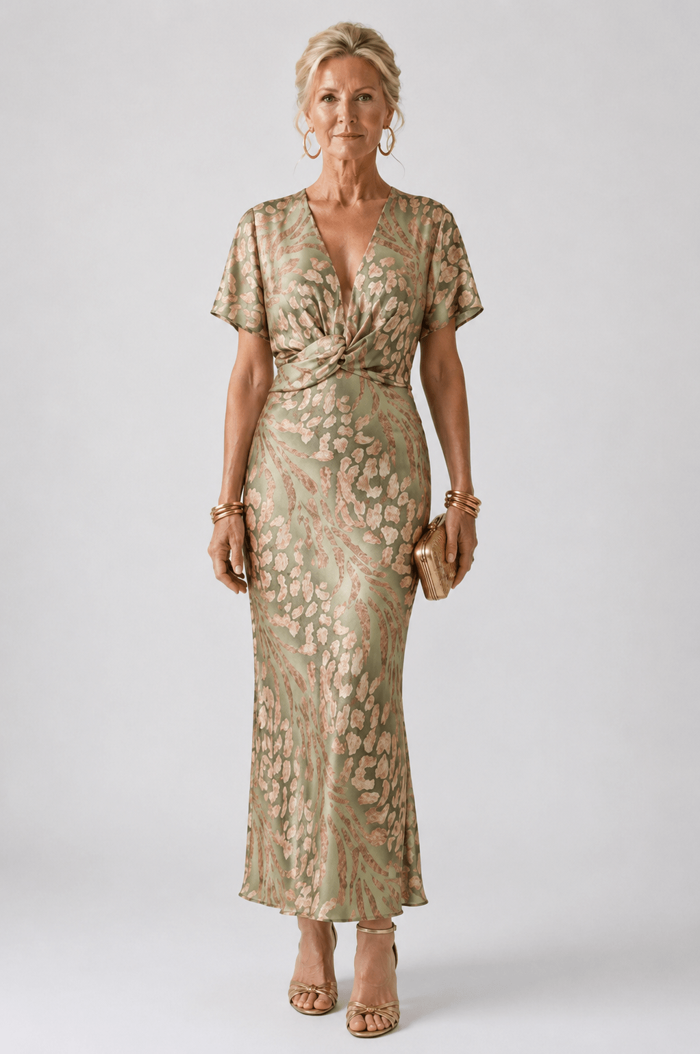 Núria | Vestido midi con estampado abstracto, escote en V y cintura cruzada - VENZA BARCELONA