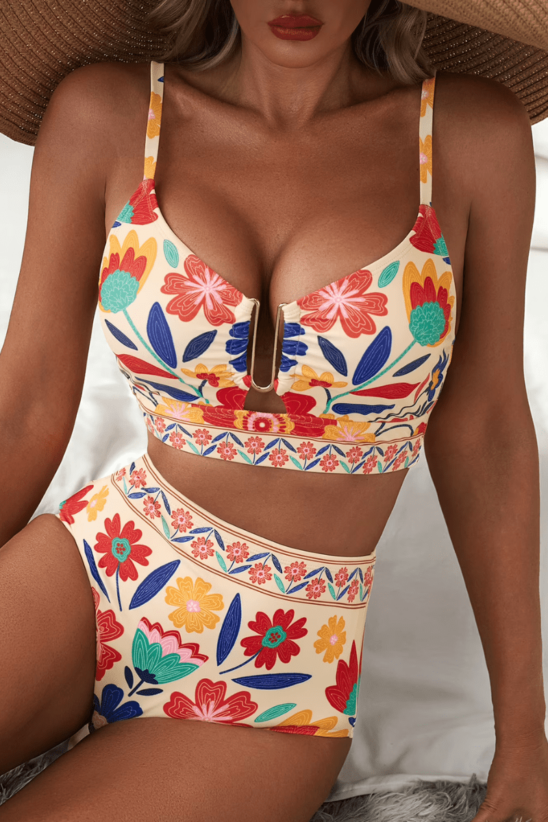Riviera - Bikini Elegante Con Talle Alto Floral - VENZA BARCELONA