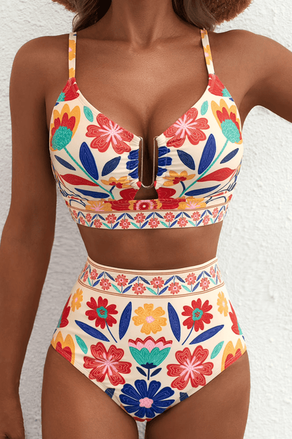 Riviera - Bikini Elegante Con Talle Alto Floral - VENZA BARCELONA
