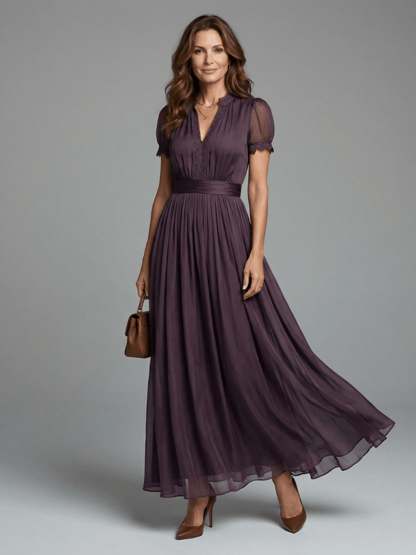 Salomé | Vestido largo con cintura fruncida y abertura gota - VENZA BARCELONA