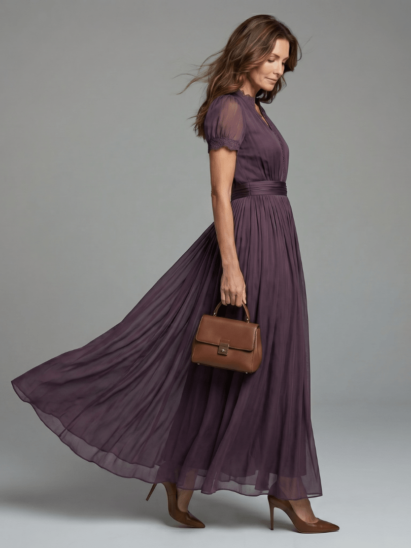 Salomé | Vestido largo con cintura fruncida y abertura gota - VENZA BARCELONA