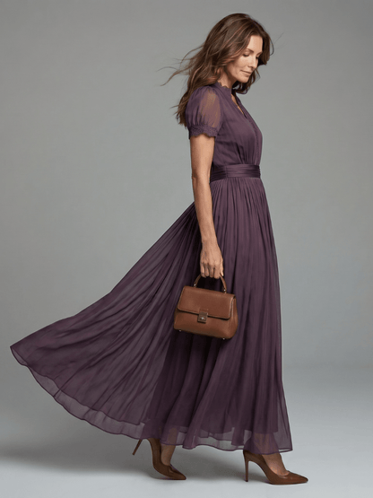 Salomé | Vestido largo con cintura fruncida y abertura gota - VENZA BARCELONA