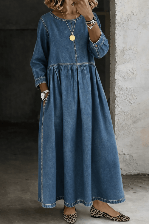 Stella | Vestido vaquero de manga larga y cuello redondo - VENZA BARCELONA