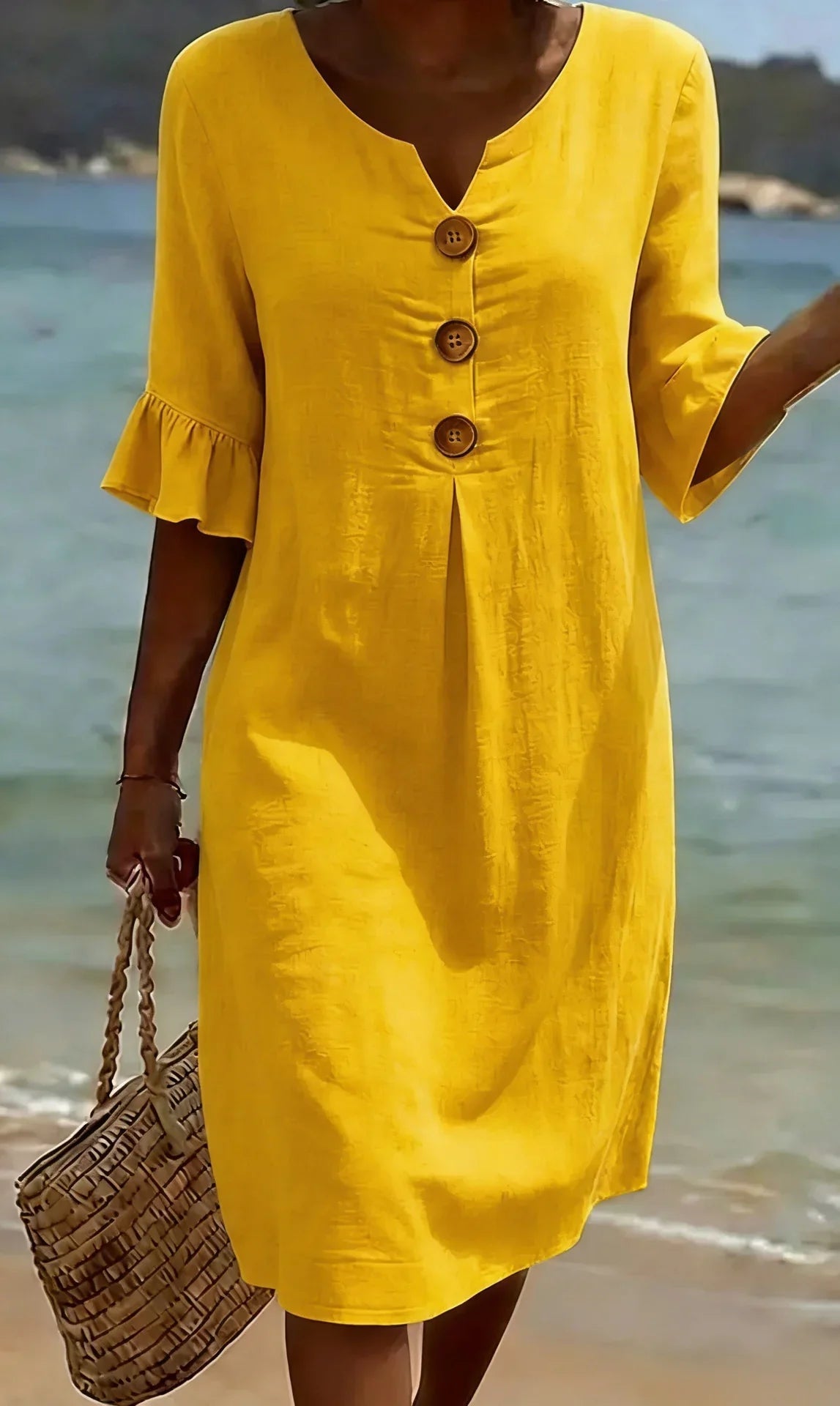 Vanesa™ | Vestido con textura de lino con manga abullonada y botones - VENZA BARCELONA