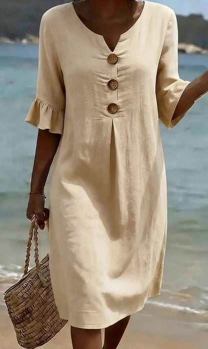 Vanesa™ | Vestido con textura de lino con manga abullonada y botones - VENZA BARCELONA
