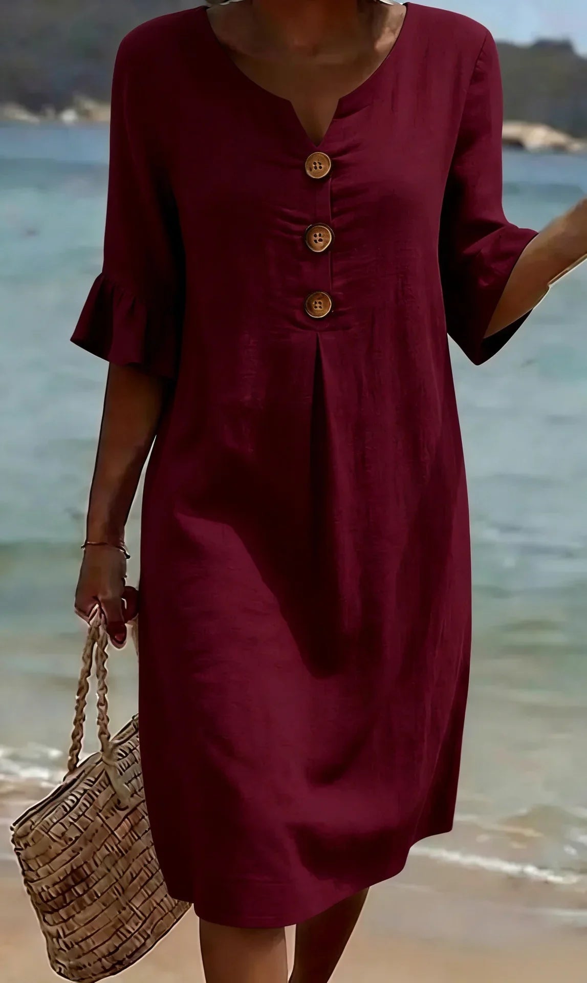 Vanesa™ | Vestido con textura de lino con manga abullonada y botones - VENZA BARCELONA