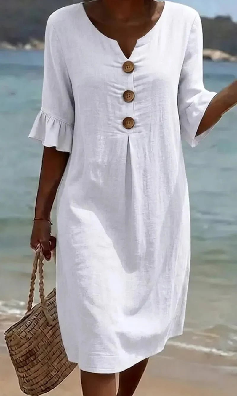 Vanesa™ | Vestido con textura de lino con manga abullonada y botones - VENZA BARCELONA