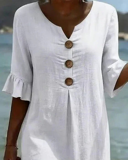 Vanesa™ | Vestido con textura de lino con manga abullonada y botones - VENZA BARCELONA