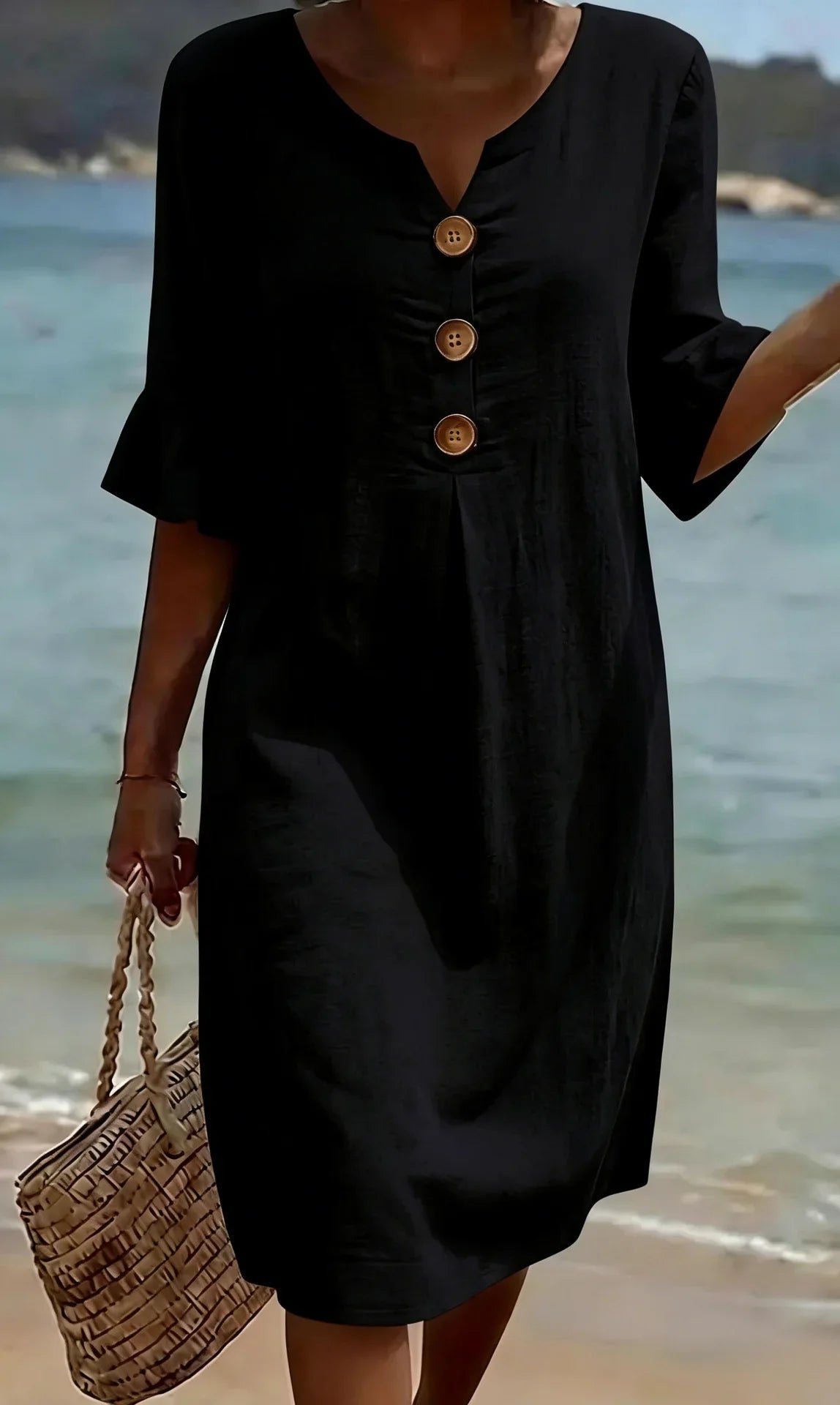 Vanesa™ | Vestido con textura de lino con manga abullonada y botones - VENZA BARCELONA