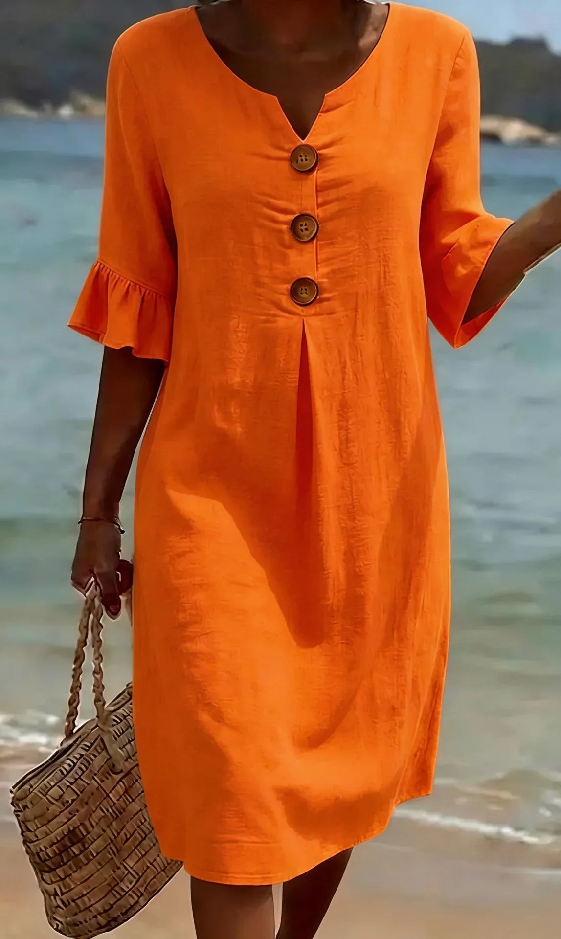Vanesa™ | Vestido con textura de lino con manga abullonada y botones - VENZA BARCELONA