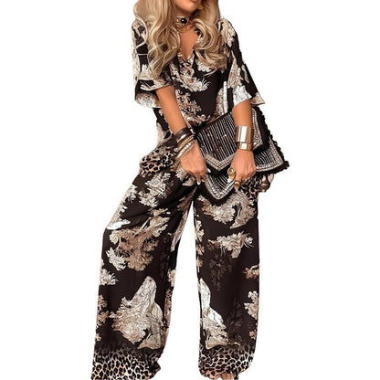 X🌸 - 50% Dernier Jour✨ Haut Imprimé à Col en V + Pantalon Long – Style Élégant et Léger pour l'Été - VENZA BARCELONA
