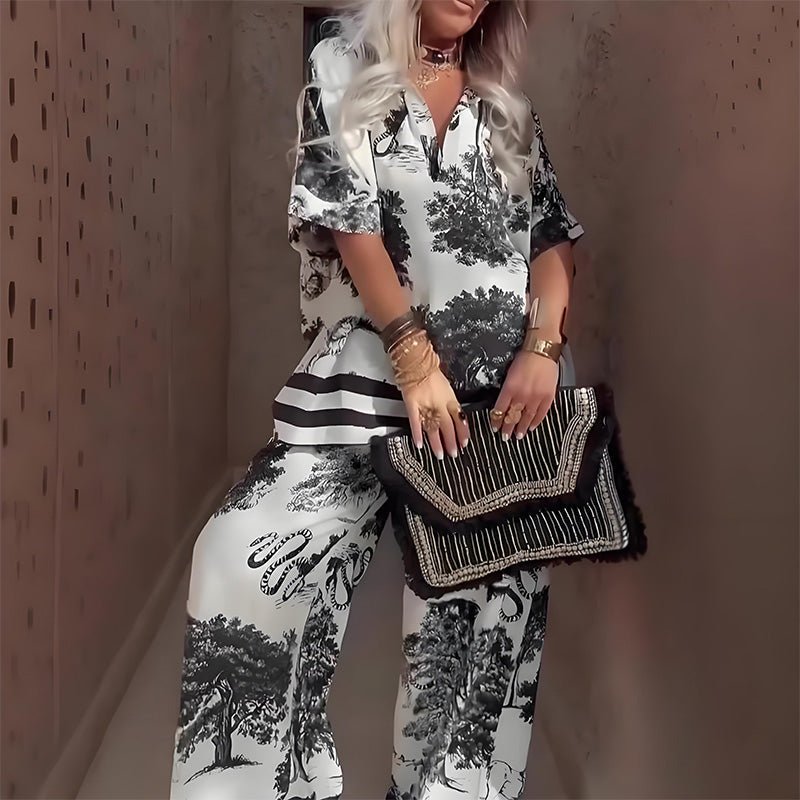 X🌸 - 50% Dernier Jour✨ Haut Imprimé à Col en V + Pantalon Long – Style Élégant et Léger pour l'Été - VENZA BARCELONA