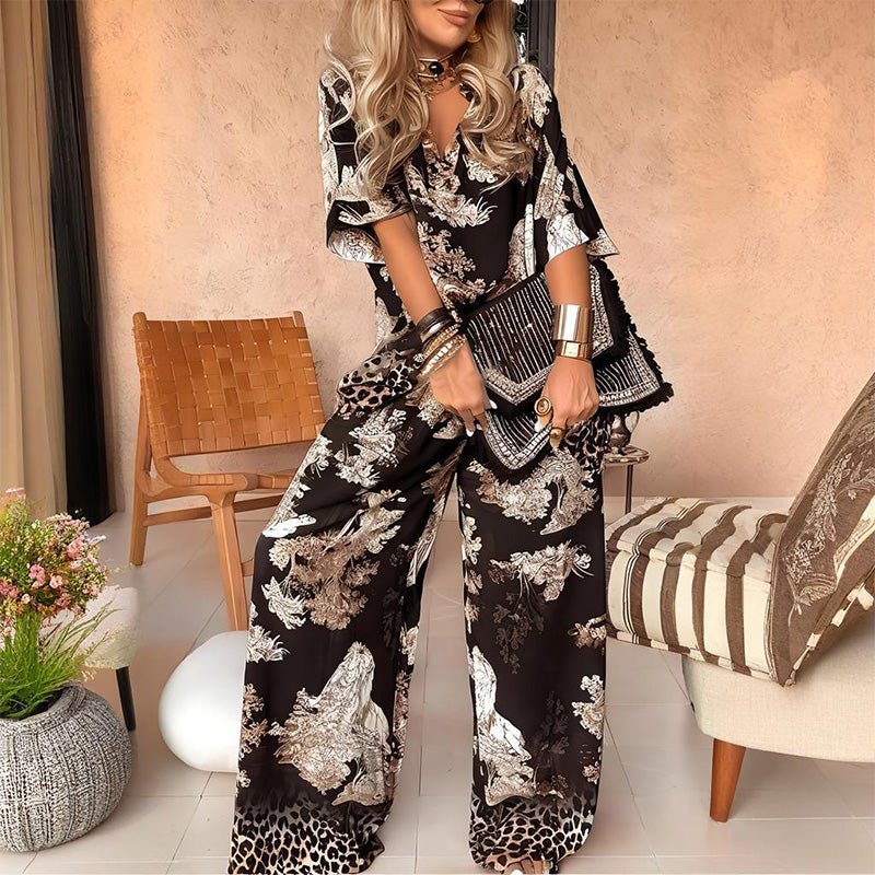 X🌸 - 50% Dernier Jour✨ Haut Imprimé à Col en V + Pantalon Long – Style Élégant et Léger pour l'Été - VENZA BARCELONA