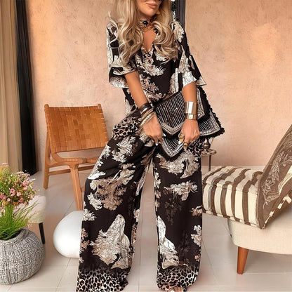 X🌸 - 50% Dernier Jour✨ Haut Imprimé à Col en V + Pantalon Long – Style Élégant et Léger pour l'Été - VENZA BARCELONA