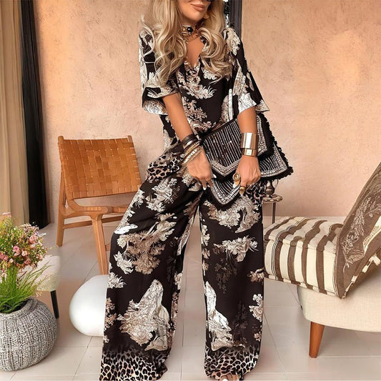 X🌸 - 50% Dernier Jour✨ Haut Imprimé à Col en V + Pantalon Long – Style Élégant et Léger pour l'Été - VENZA BARCELONA