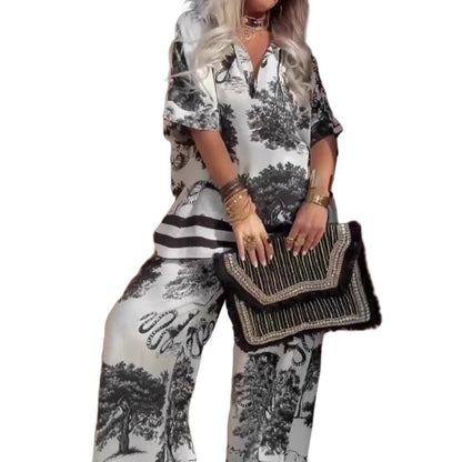 X🌸 - 50% Dernier Jour✨ Haut Imprimé à Col en V + Pantalon Long – Style Élégant et Léger pour l'Été - VENZA BARCELONA